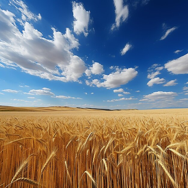 Il campo d'oro di grano sotto il cielo blu e le nuvole astrattano lo sfondo generato dall'AI