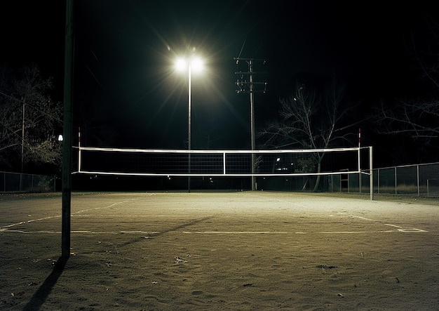 Il campo di pallavolo vuoto illuminato di notte