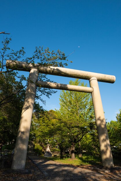 Il cancello giapponese del tempio cerca la vista, la vegetazione verde, la luna sul cielo blu.