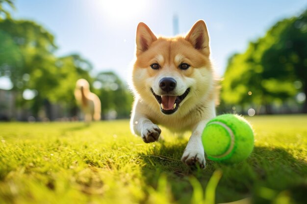 Il cane Akita Inu gioca con la palla da tennis sul prato del parco estivo