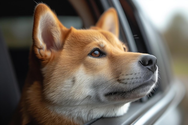 Il cane Akita Inu guarda fuori dal finestrino di un'auto aperta