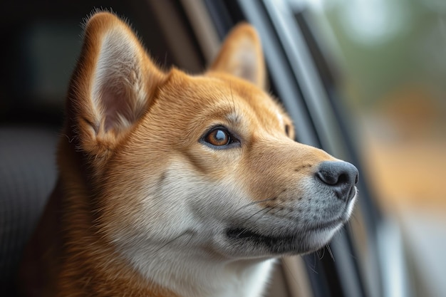 Il cane Akita Inu guarda fuori dal finestrino di un'auto aperta
