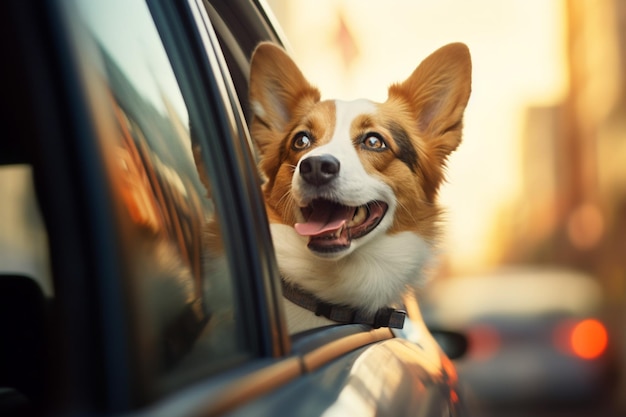 Il cane Araffe che sporge la testa dal finestrino di un'auto generativo ai