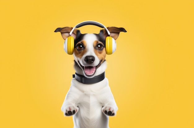 il cane ascolta la musica con le cuffie alzata le zampe fa esercizi mattutini Jack Russell su un giallo