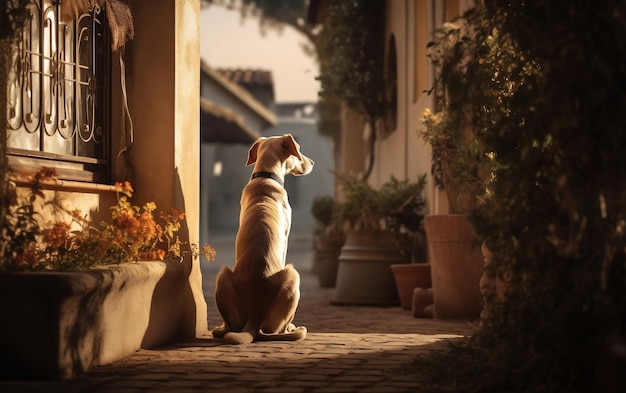 Il cane aspetta il suo padrone davanti a casa IA generativa