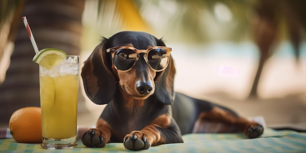 Il cane bassotto è in vacanza estiva in località balneare e si rilassa riposando sulla spiaggia estiva delle Hawaii