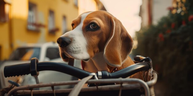 Il cane Beagle si diverte a fare un giro in bicicletta la mattina del sole in estate sulla strada della città