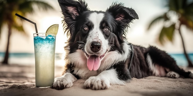 Il cane Border Collie è in vacanza estiva in località balneare e si rilassa sulla spiaggia estiva delle Hawaii