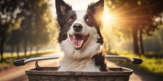 Il cane Border Collie si diverte a fare un giro in bicicletta la mattina del sole d'estate sulla strada della città