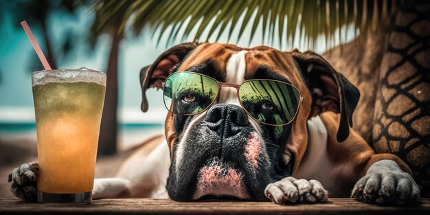 Il cane boxer è in vacanza estiva in località balneare e si rilassa riposando sulla spiaggia estiva delle Hawaii