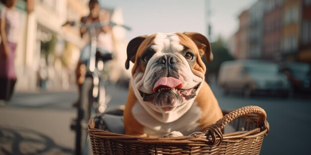 Il cane bulldog si diverte a fare un giro in bicicletta la mattina del sole in estate sulla strada della città