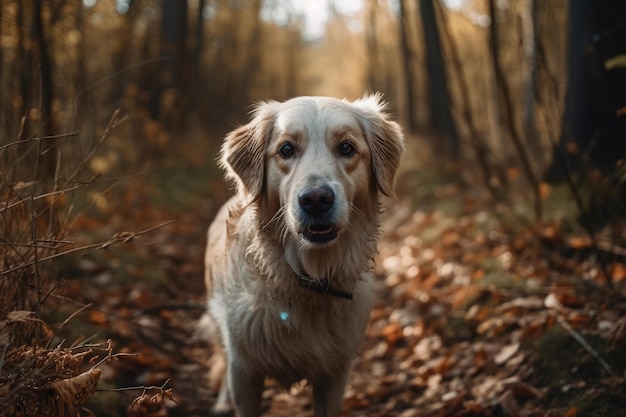 Il cane cammina nei boschi Primo piano