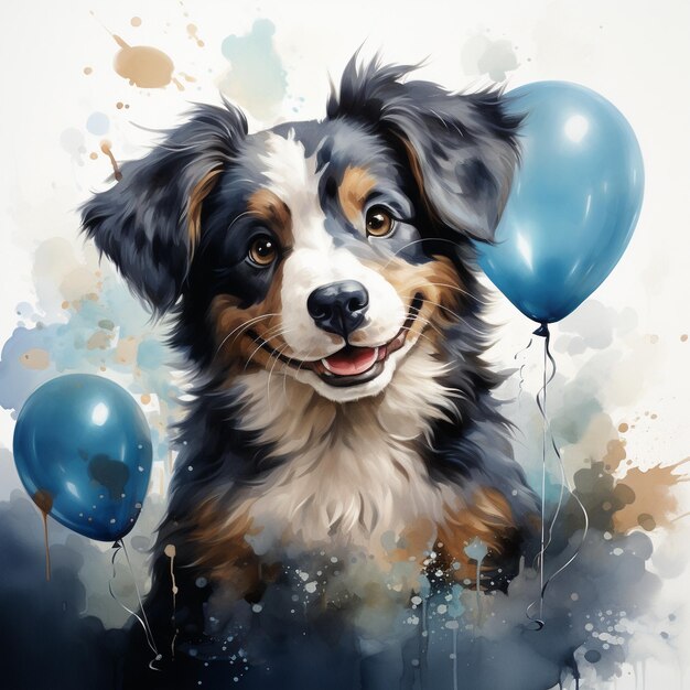 Il cane carino sta volando sull'illustrazione dell'acquerello di palloncini blu