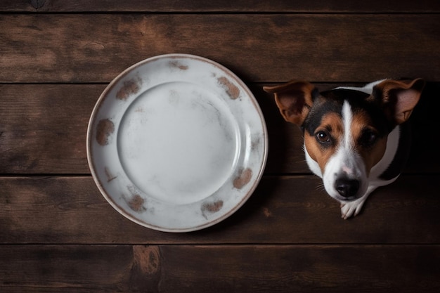 Il cane cerca di mangiare da un piatto di ceramica vuoto su un vecchio tavolo di legno vintage spazzolato con un concetto di vista superiore bianca