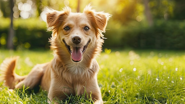 Il cane che gioca fuori sorride sull'erba verde