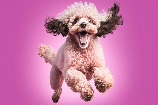 Il cane che salta è divertente e attivo Un piccolo barboncino con un sorriso su uno sfondo rosa