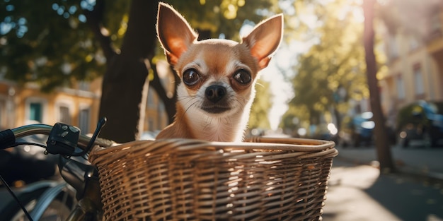 Il cane Chihuahua si diverte a fare un giro in bicicletta la mattina del sole in estate sulla strada della città