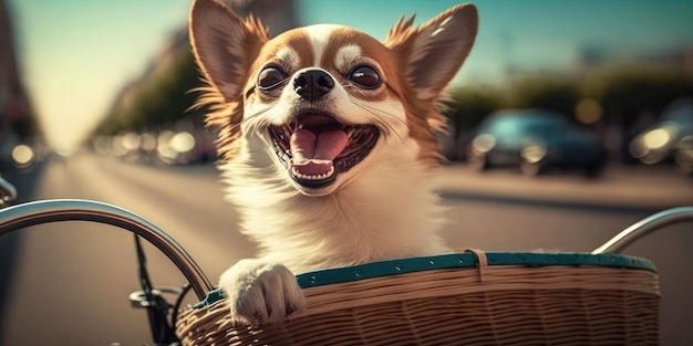 Il cane Chihuahua si diverte a fare un giro in bicicletta la mattina del sole in estate sulla strada della città