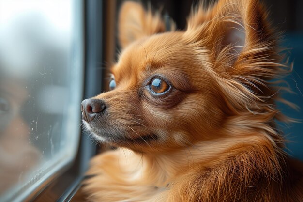 Il cane chihuahua viaggia in macchina e guarda fuori dalla finestra.