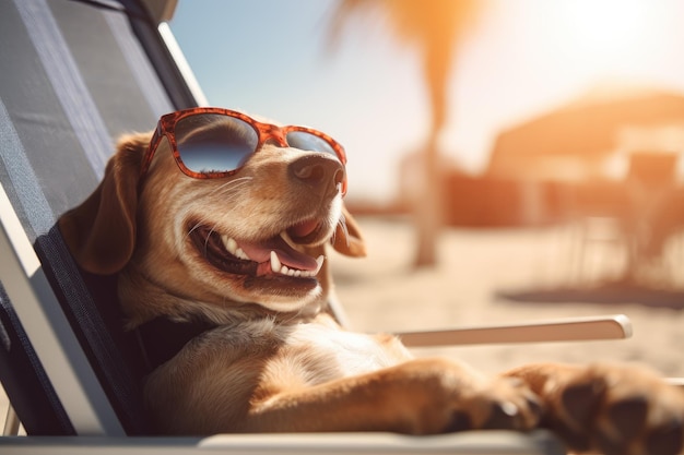 Il cane con gli occhiali da sole assume il ruolo di un essere umano in vacanza