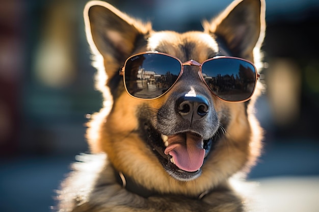 Il cane con gli occhiali da sole assume il ruolo di un essere umano in vacanza