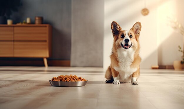 Il cane Corgi aspetta con impazienza il pasto accanto a una ciotola di cibo in un ambiente domestico accogliente creato con strumenti di IA generativa