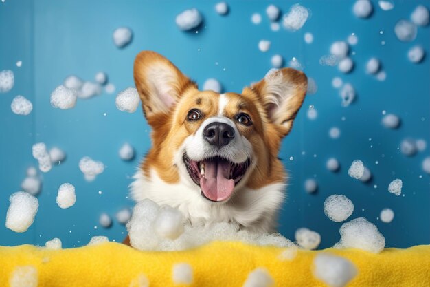 Il cane Corgi sta facendo il bagno con schiuma e bolle generate ai