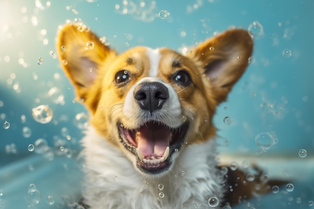 Il cane Corgi sta facendo il bagno con schiuma e bolle generate ai