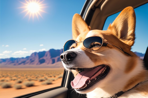 Il cane Corgi viaggia in macchina durante un viaggio Creato con la tecnologia Ai generativa