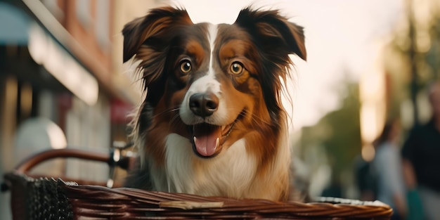 Il cane da pastore australiano si diverte a fare un giro in bicicletta il giorno del sole mattina in estate sulla strada della città