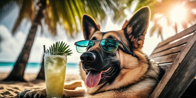 Il cane da pastore tedesco è in vacanza estiva in località balneare e si rilassa riposando sulla spiaggia estiva delle Hawaii