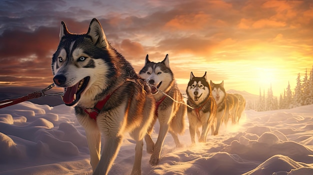 Il cane da slitta Siberian Husky guida una slitta attraverso una foresta invernale innevata creata con la tecnologia Generative Al