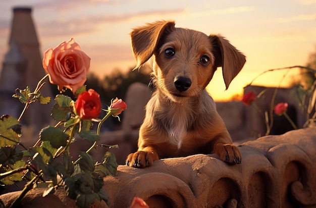 Il cane Dachshund con una rosa in bocca cattura l'essenza dello stile di Tom