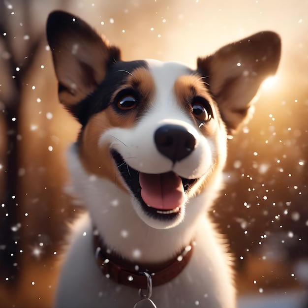 Il cane dei cartoni animati 3D cattura i fiocchi di neve con la lingua e ride