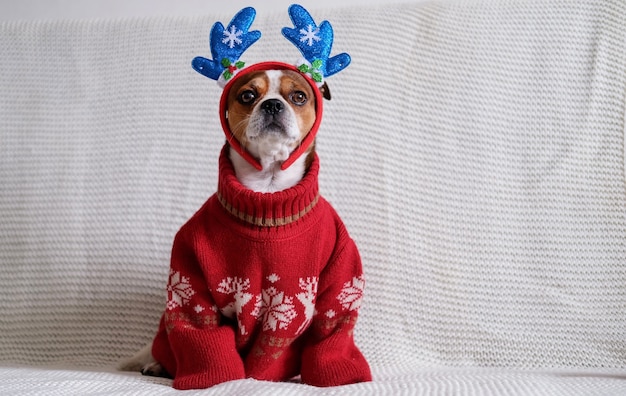 Il cane della chihuahua in orlo del corno di cervo e sciarpa rossa con il regalo di Natale si siede sulla vettura. Buon Natale. Buon anno.