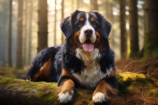Il cane di montagna bernese giace nella foresta e guarda lontano.
