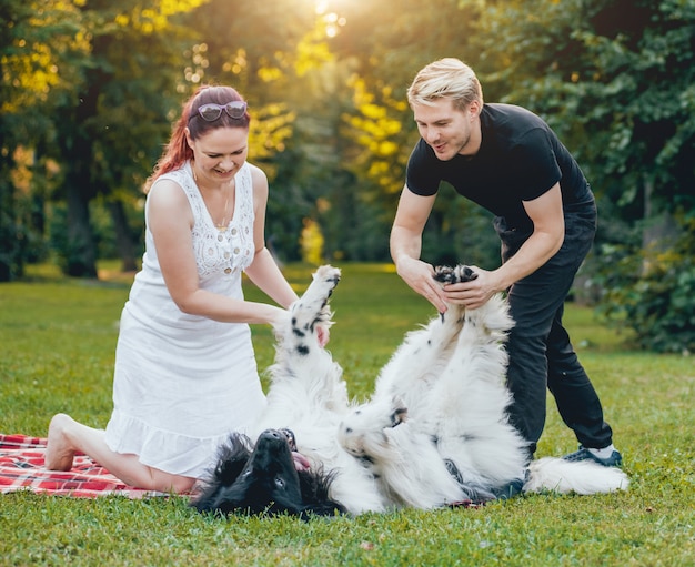 Il cane di Terranova gioca con l'uomo e la donna nel parco