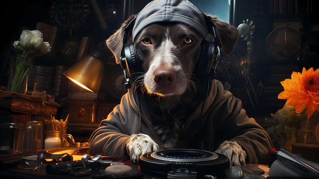 il cane dietro il tavolo del DJ