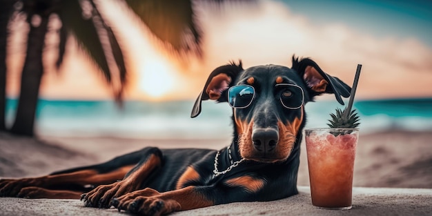 Il cane Doberman Pinscher è in vacanza estiva in località balneare e si rilassa sulla spiaggia estiva delle Hawaii