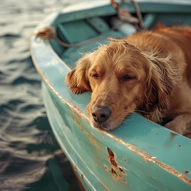 Il cane dorme in una barca.