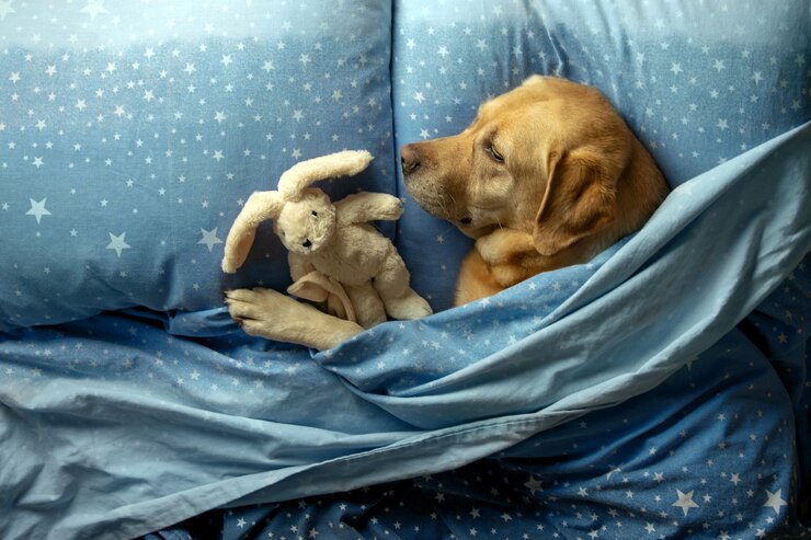 Il cane dorme su un letto sotto una coperta.