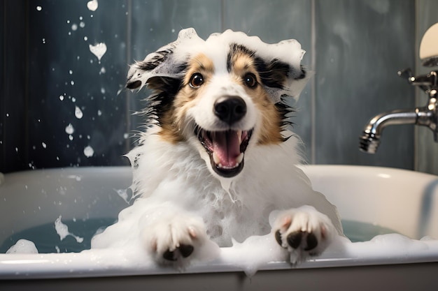 Il cane fa il bagno in una vasca con bolle di sapone e schiuma