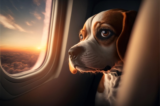 Il cane felice a bordo dell'aereo guarda fuori dal finestrino le nuvole trasporto di animali sul sedile dell'aeromobile sicurezza dei cani IA generativa