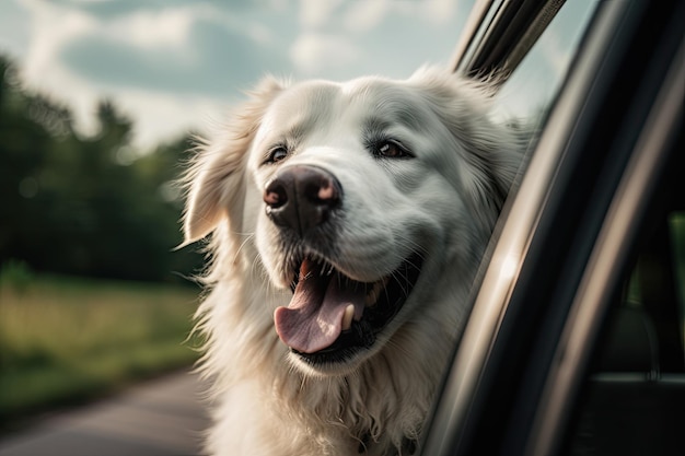 Il cane felice guarda fuori dal finestrino dell'auto Viaggio con il cane IA generativa