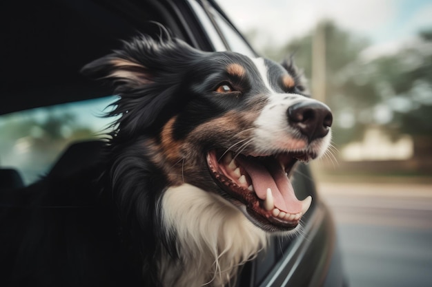 Il cane felice guarda fuori dal finestrino dell'auto Viaggio con il cane IA generativa