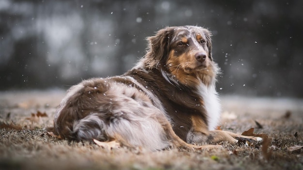 Il cane giace a terra in inverno