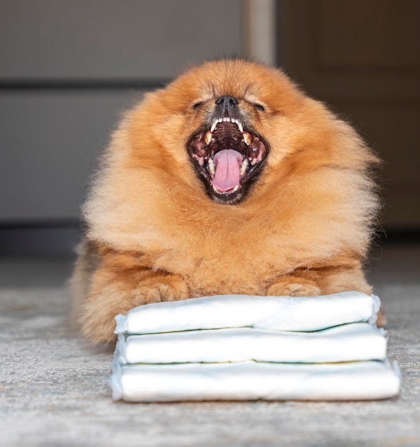 il cane giace accanto a un pacco di pannolini Igiene del cane