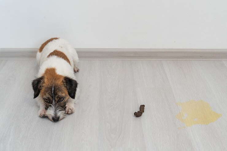 Il cane giace colpevole sul pavimento Nelle vicinanze c'è una cacca e una pozza di urina sul pavimento