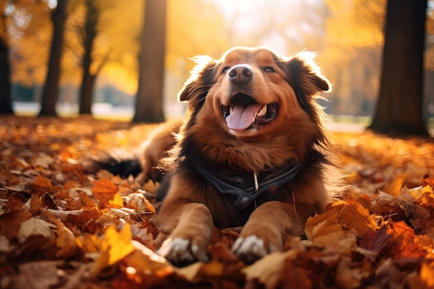 Il cane giace nella foresta autunnale Caldo autunno Una passeggiata nel parco