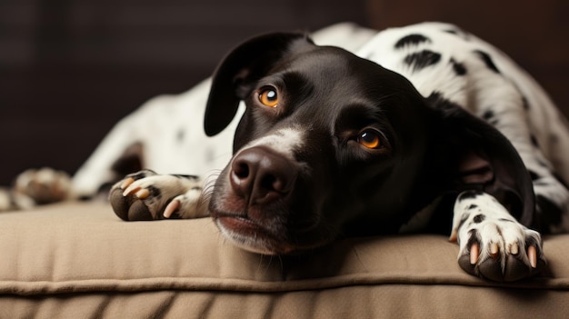 Il cane giace sul tappetino e guarda nell'obiettivo.